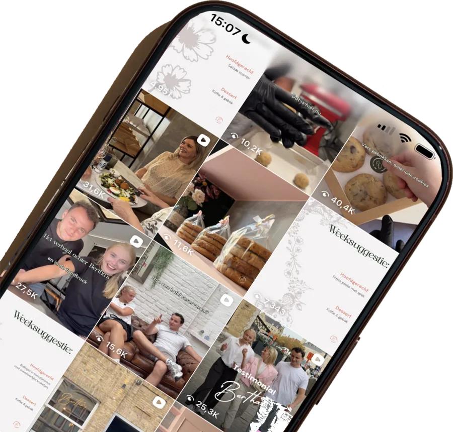 Het Instagram-profiel van Bertha's op een telefoon, met reels van 10.000 tot 40.000 weergaven